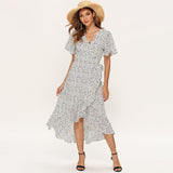 Summer Beach Maxi Dress Women Floral Print Boho Long Dress Ruffles Wrap Casual V-Neck Split Sexy Party Dress - Sellve