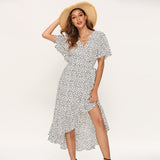 Summer Beach Maxi Dress Women Floral Print Boho Long Dress Ruffles Wrap Casual V-Neck Split Sexy Party Dress - Sellve