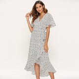 Summer Beach Maxi Dress Women Floral Print Boho Long Dress Ruffles Wrap Casual V-Neck Split Sexy Party Dress - Sellve