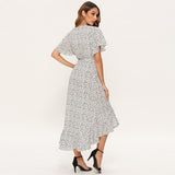 Summer Beach Maxi Dress Women Floral Print Boho Long Dress Ruffles Wrap Casual V-Neck Split Sexy Party Dress - Sellve