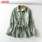 Tangada Women light green faux leather jacket coat with beltLadies Long Sleeve loose oversize boy friend Coat - Sellve