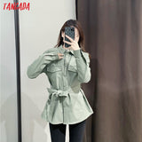 Tangada Women light green faux leather jacket coat with beltLadies Long Sleeve loose oversize boy friend Coat - Sellve