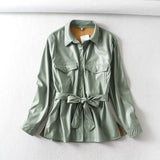 Tangada Women light green faux leather jacket coat with beltLadies Long Sleeve loose oversize boy friend Coat - Sellve