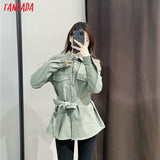 Tangada Women light green faux leather jacket coat with beltLadies Long Sleeve loose oversize boy friend Coat - Sellve