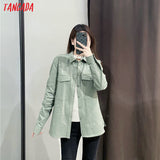 Tangada Women light green faux leather jacket coat with beltLadies Long Sleeve loose oversize boy friend Coat - Sellve