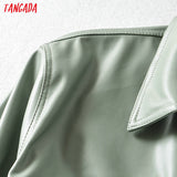 Tangada Women light green faux leather jacket coat with beltLadies Long Sleeve loose oversize boy friend Coat - Sellve