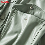 Tangada Women light green faux leather jacket coat with beltLadies Long Sleeve loose oversize boy friend Coat - Sellve