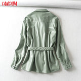 Tangada Women light green faux leather jacket coat with beltLadies Long Sleeve loose oversize boy friend Coat - Sellve